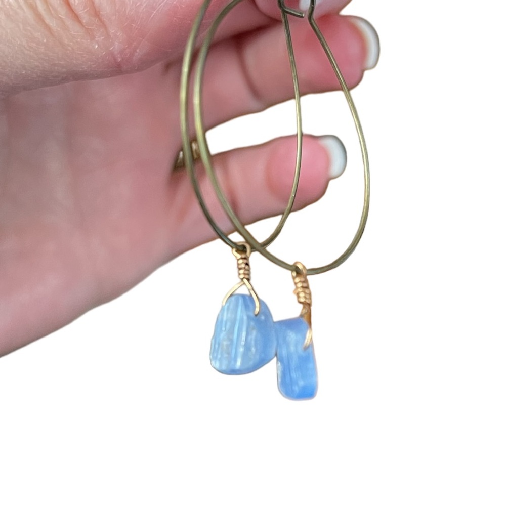 Rough Cut Aquamarine and Brass Hoop Hook Earrings